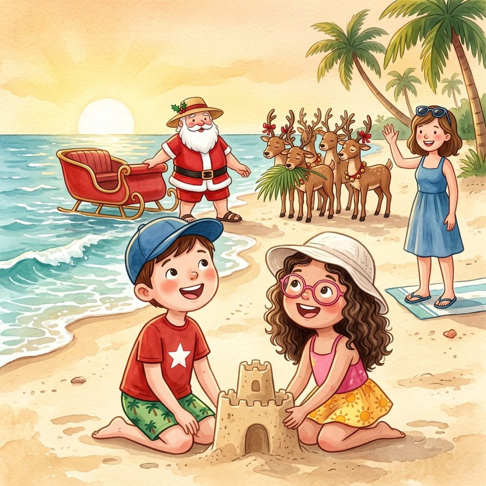 A picture from a Yuletale book: Santa and his sleigh on a sunny beach, two children building a sandcastle