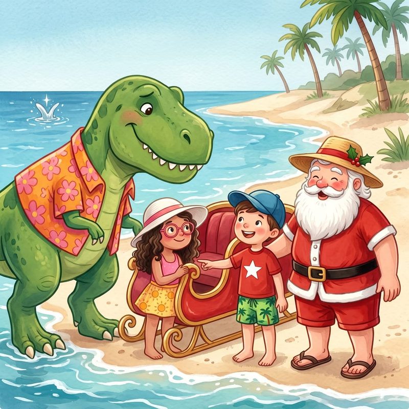 A friendly green T-rex in a flowery shirt arrives on the beach beside Santa and the children