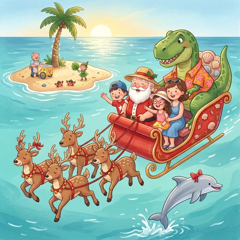 The sleigh flies over the sea with Santa, the children and the T-rex aboard